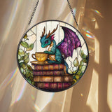 Fantasy Dragon Stained Glass Suncatcher, Cute Teal Dragon with Tea Cup on Books, Mystical Window Panel Gift for Bookworms and Fantasy Lovers