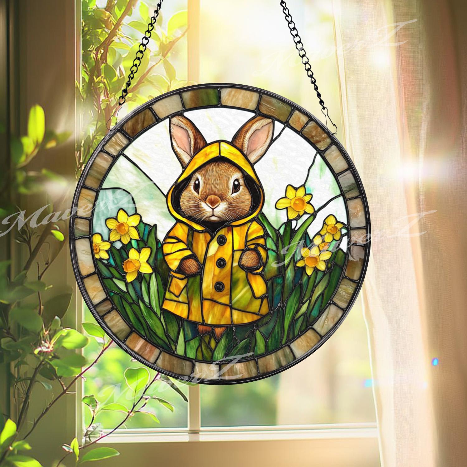 Bunny in Yellow Raincoat Stained Glass Suncatcher, Spring Window Hanging Panel, Cute Rabbit Garden Decor for Kids Room or Easter Gift