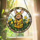 Bunny in Yellow Raincoat Stained Glass Suncatcher, Spring Window Hanging Panel, Cute Rabbit Garden Decor for Kids Room or Easter Gift