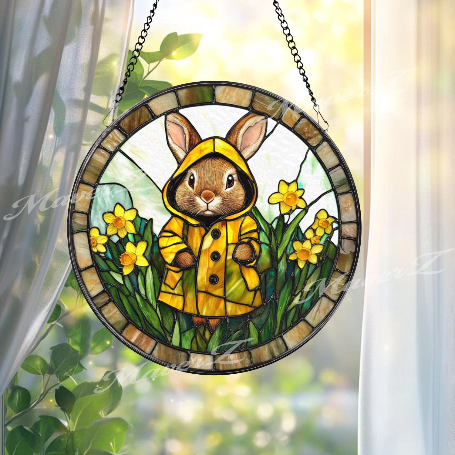 Bunny in Yellow Raincoat Stained Glass Suncatcher, Spring Window Hanging Panel, Cute Rabbit Garden Decor for Kids Room or Easter Gift