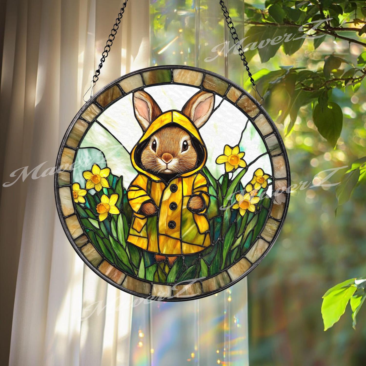 Bunny in Yellow Raincoat Stained Glass Suncatcher, Spring Window Hanging Panel, Cute Rabbit Garden Decor for Kids Room or Easter Gift