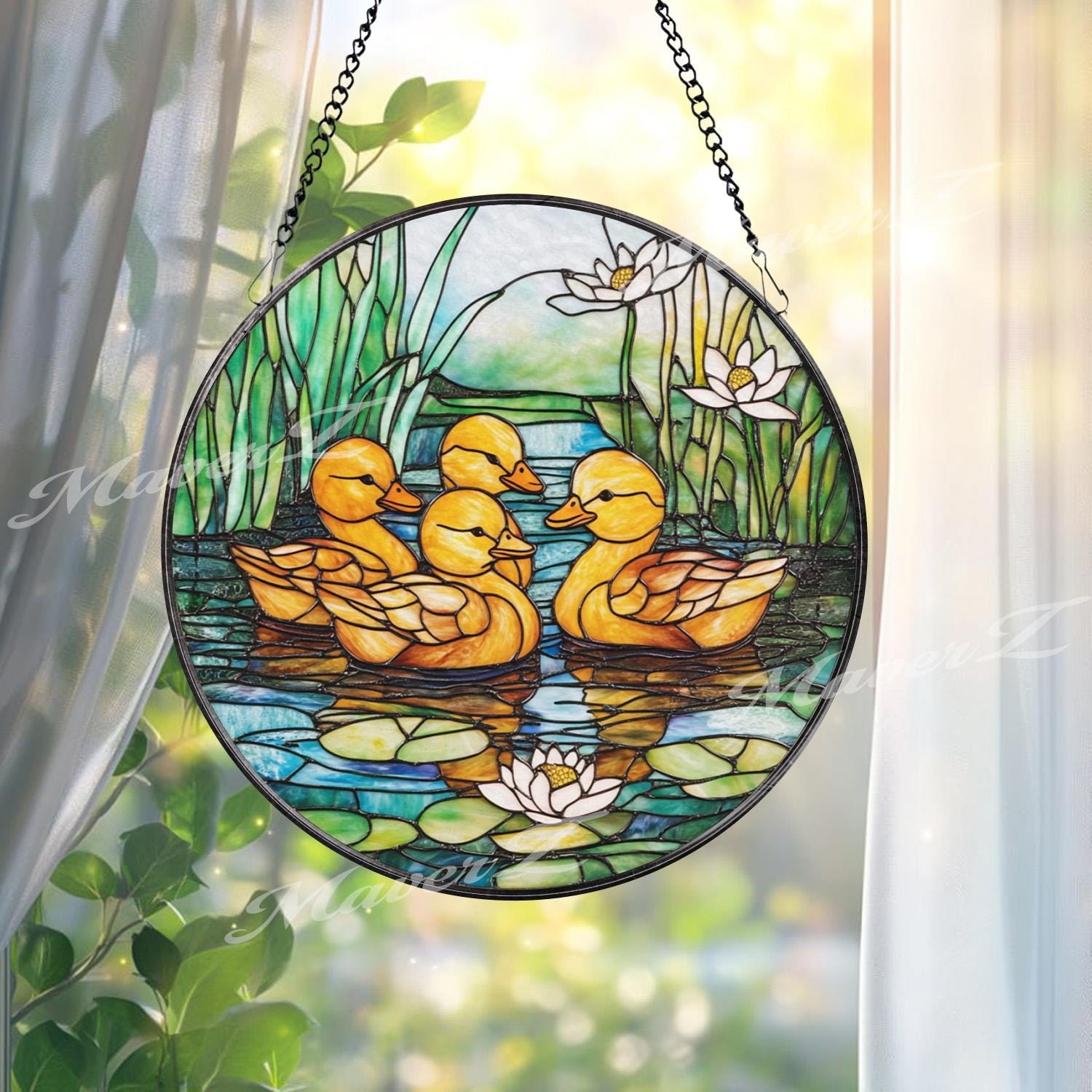 Ducklings Stained Glass Suncatcher, Baby Ducks Window Hanging Panel, Pond Water Lily Glass Art for Spring Garden or Nursery Decor