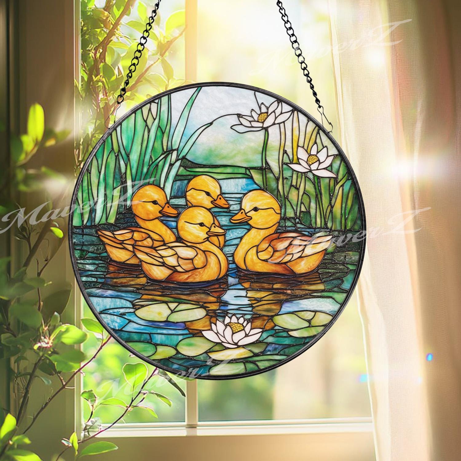 Ducklings Stained Glass Suncatcher, Baby Ducks Window Hanging Panel, Pond Water Lily Glass Art for Spring Garden or Nursery Decor