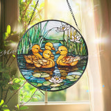Ducklings Stained Glass Suncatcher, Baby Ducks Window Hanging Panel, Pond Water Lily Glass Art for Spring Garden or Nursery Decor