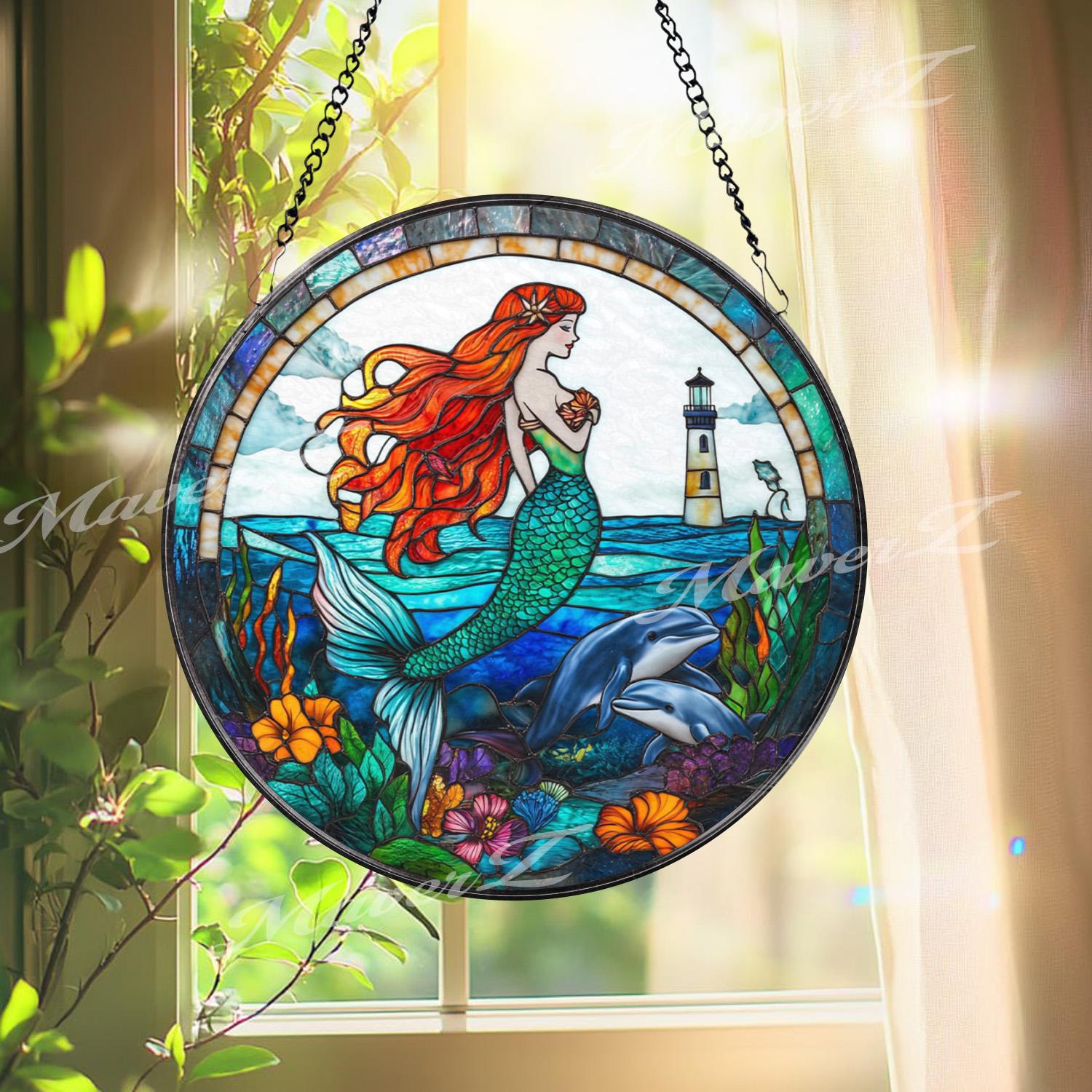 Mermaid Stained Glass Suncatcher, Ocean Fantasy Window Hanging Panel with Lighthouse & Dolphins, Sea Lover Gift for Beach Home Decor