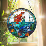 Mermaid Stained Glass Suncatcher, Ocean Fantasy Window Hanging Panel with Lighthouse & Dolphins, Sea Lover Gift for Beach Home Decor
