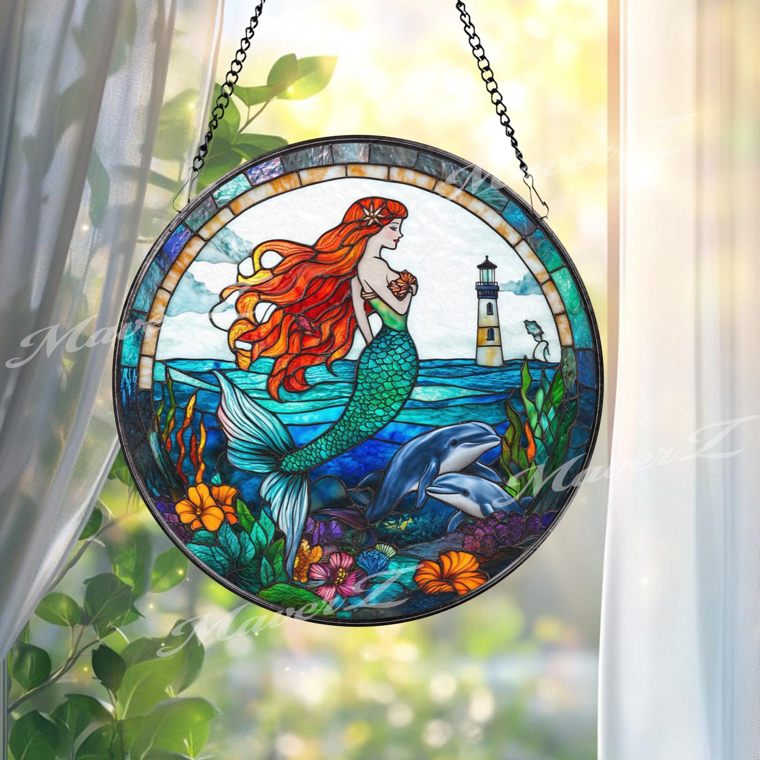 Mermaid Stained Glass Suncatcher, Ocean Fantasy Window Hanging Panel with Lighthouse & Dolphins, Sea Lover Gift for Beach Home Decor