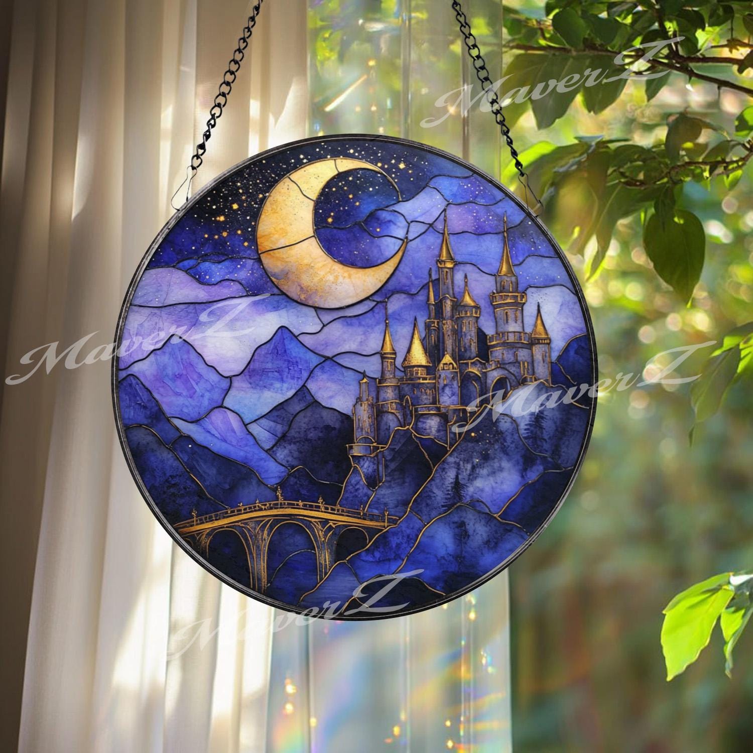 Moonlit Castle Stained Glass Suncatcher, Fantasy Night Sky Window Panel, Mystical Fairytale Decor for Magic Lovers & Dreamy Homes