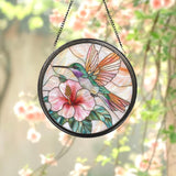 Hummingbird & Hibiscus Glass Wall Hanging, Floral Suncatcher Decor, Garden Window Accent, Perfect Gift for Bird and Flower Lovers