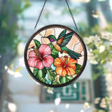 Hummingbird and Hibiscus Glass Window Hanging, Tropical Bird and Flower Suncatcher, Garden Decor, Handmade Gift for Nature Lovers