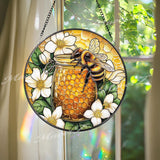 Bee and Honey Jar Stained Glass Suncatcher, Floral Honeycomb Window Decor, Nature-Inspired Gift for Gardeners and Bee Lovers