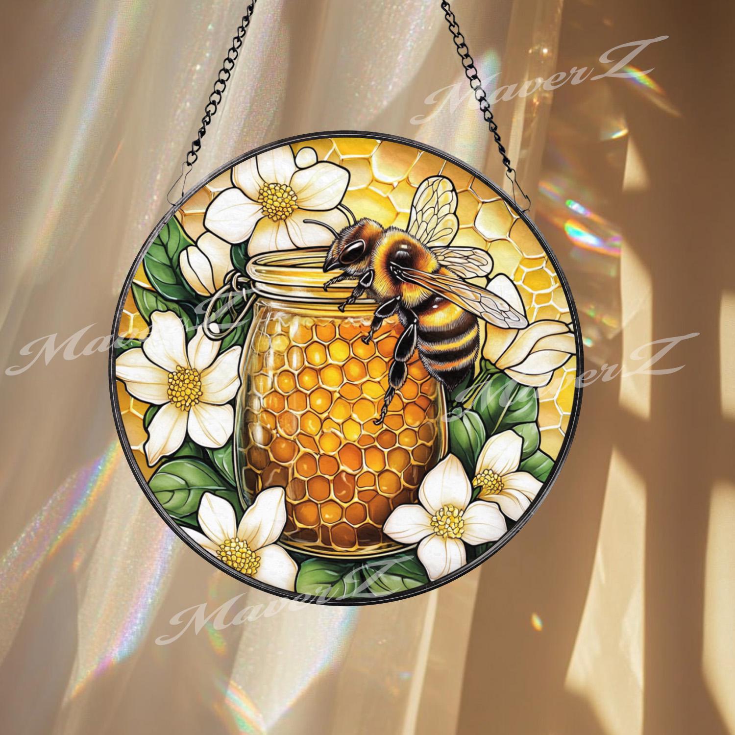 Bee and Honey Jar Stained Glass Suncatcher, Floral Honeycomb Window Decor, Nature-Inspired Gift for Gardeners and Bee Lovers