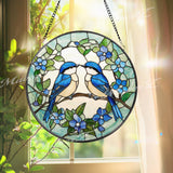 Bluebirds Stained Glass Suncatcher, Lovebird Window Panel, Romantic Bird Couple Decor, Nature-Inspired Blue Floral Gift for Bird Lovers