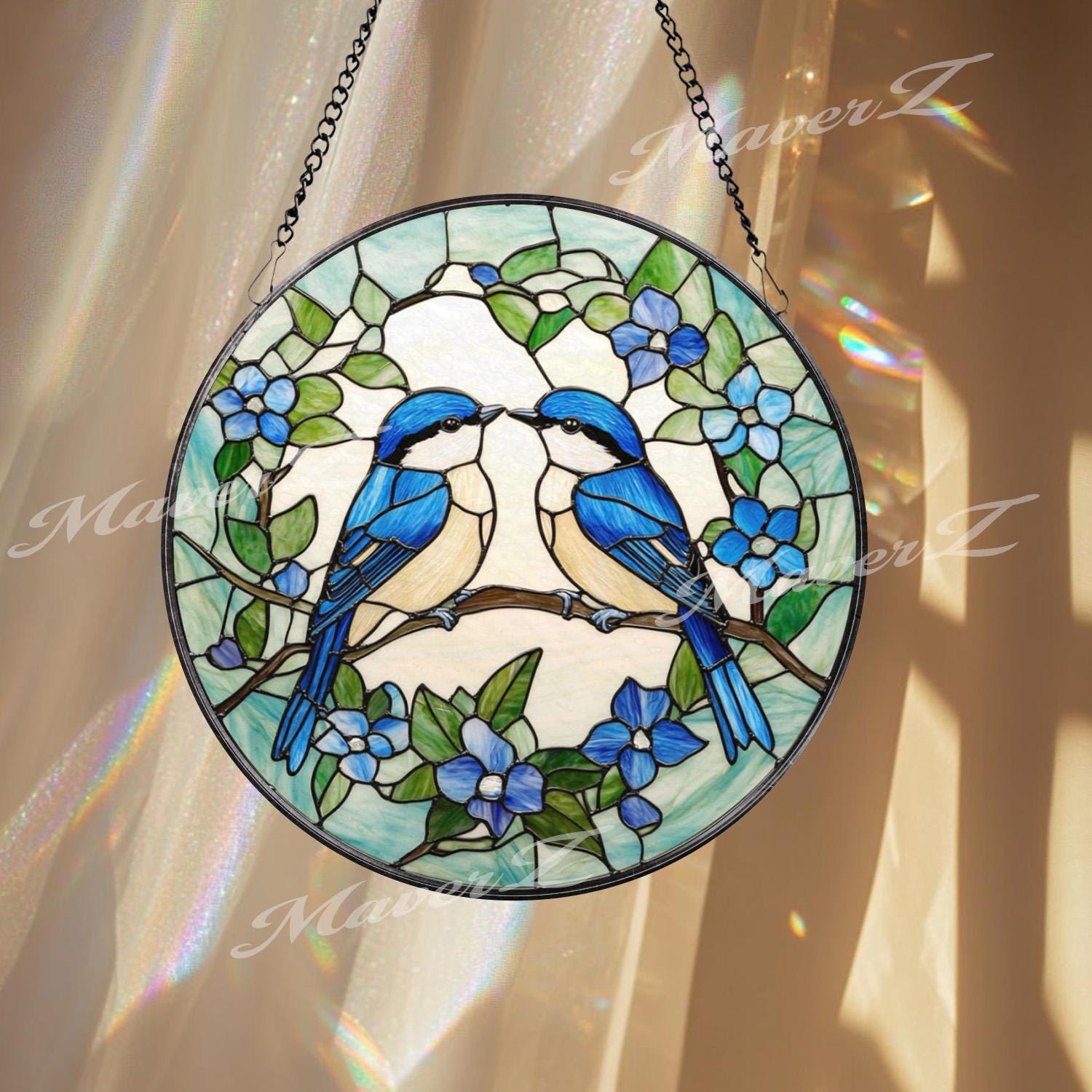 Bluebirds Stained Glass Suncatcher, Lovebird Window Panel, Romantic Bird Couple Decor, Nature-Inspired Blue Floral Gift for Bird Lovers