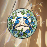 Bluebirds Stained Glass Suncatcher, Lovebird Window Panel, Romantic Bird Couple Decor, Nature-Inspired Blue Floral Gift for Bird Lovers