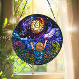 Galaxy Dream Stained Glass Suncatcher, Cosmic Boy Window Panel, Whimsical Universe Decor Gift for Kids Room or Stargazer Lovers