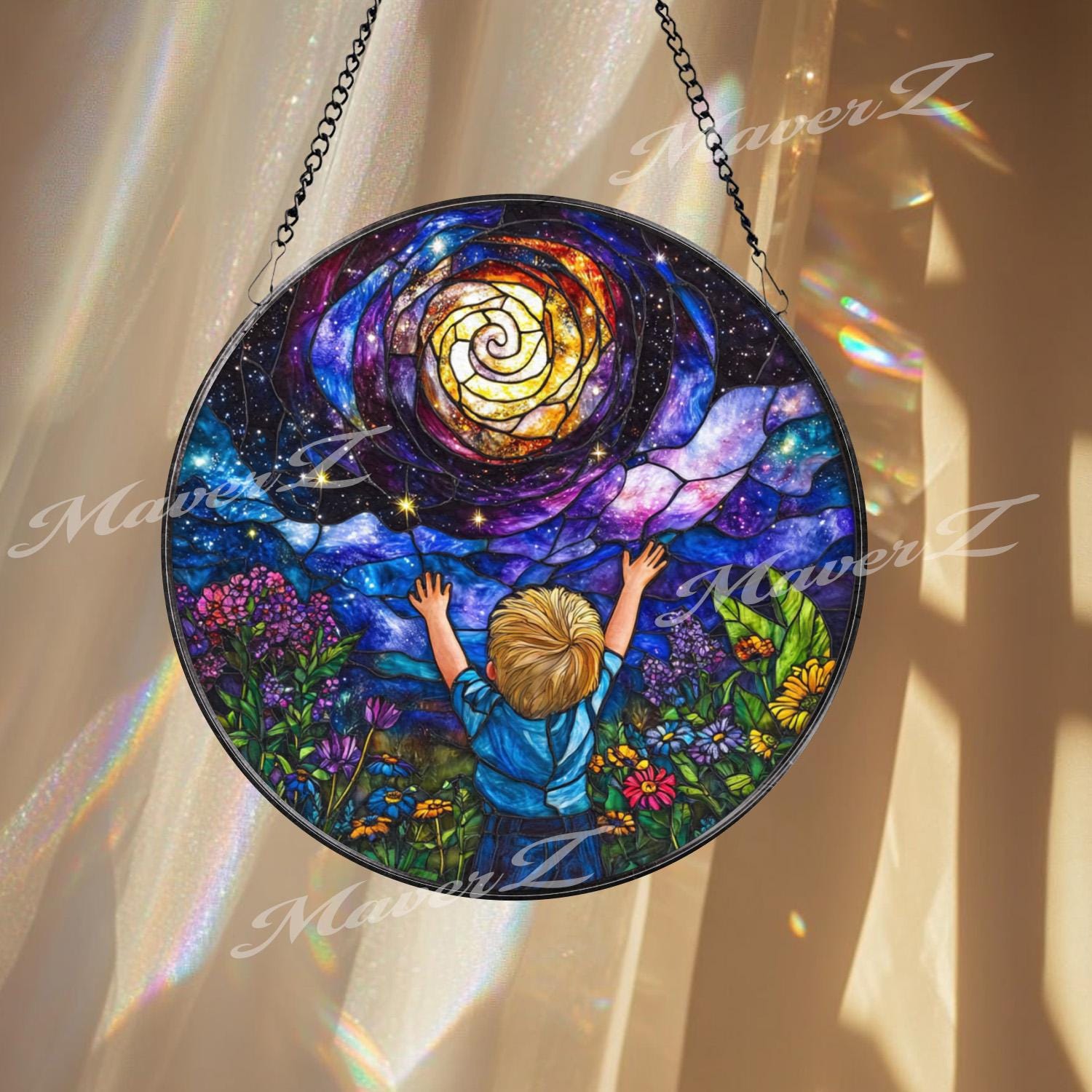 Galaxy Dream Stained Glass Suncatcher, Cosmic Boy Window Panel, Whimsical Universe Decor Gift for Kids Room or Stargazer Lovers