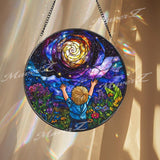 Galaxy Dream Stained Glass Suncatcher, Cosmic Boy Window Panel, Whimsical Universe Decor Gift for Kids Room or Stargazer Lovers