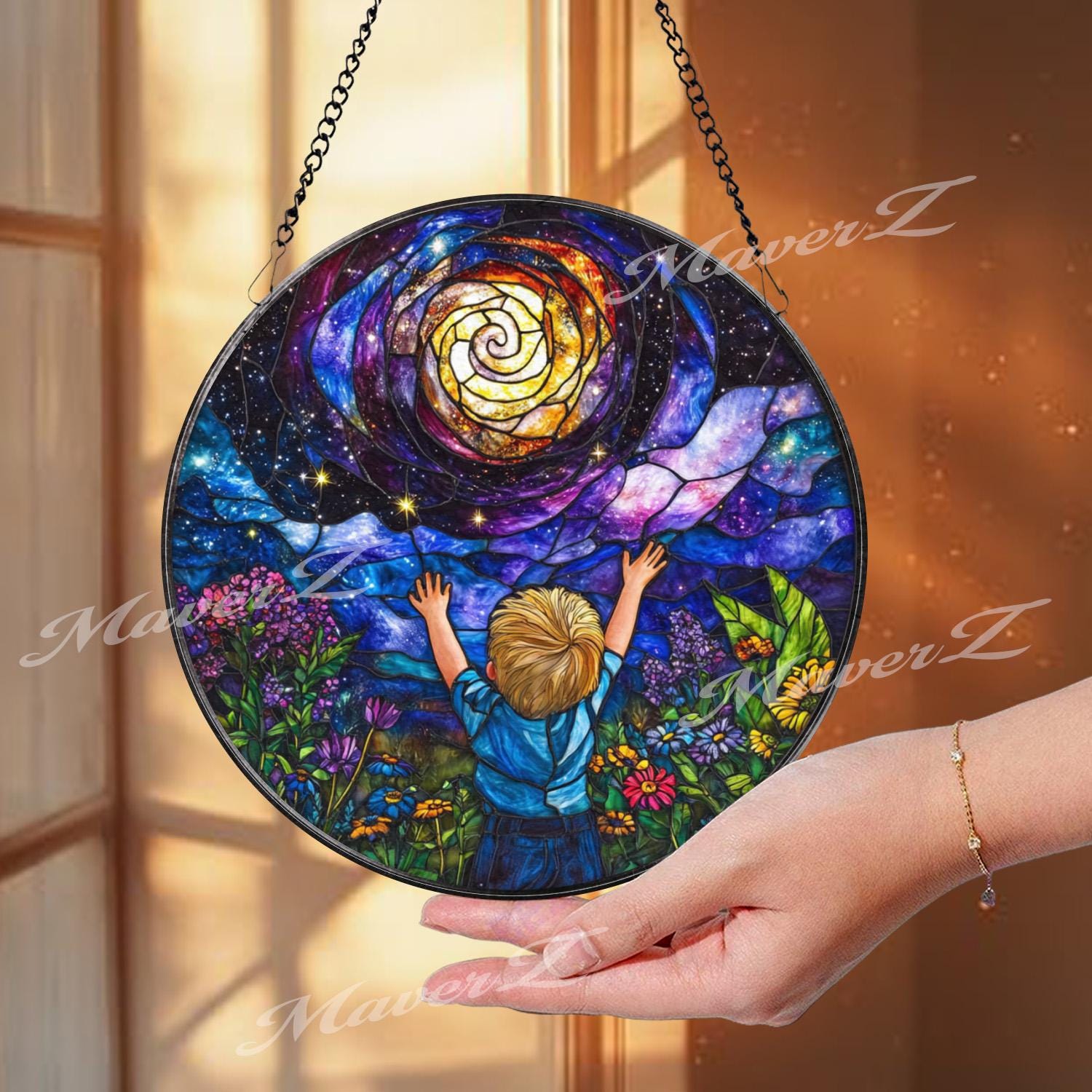 Galaxy Dream Stained Glass Suncatcher, Cosmic Boy Window Panel, Whimsical Universe Decor Gift for Kids Room or Stargazer Lovers