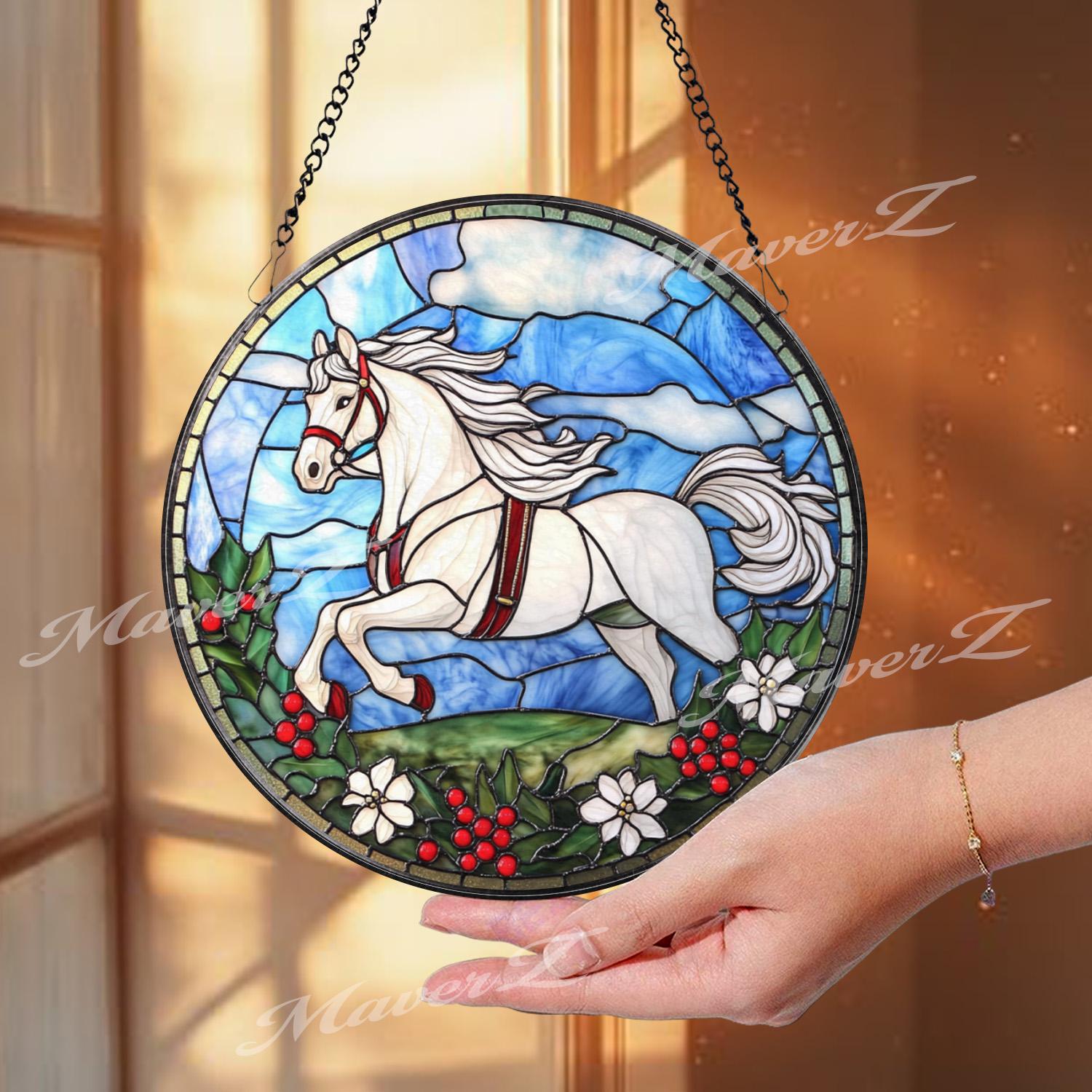White Horse Stained Glass Suncatcher, Galloping Horse Window Panel, Equestrian Gift for Horse Lovers, Farmhouse Rustic Window Decor