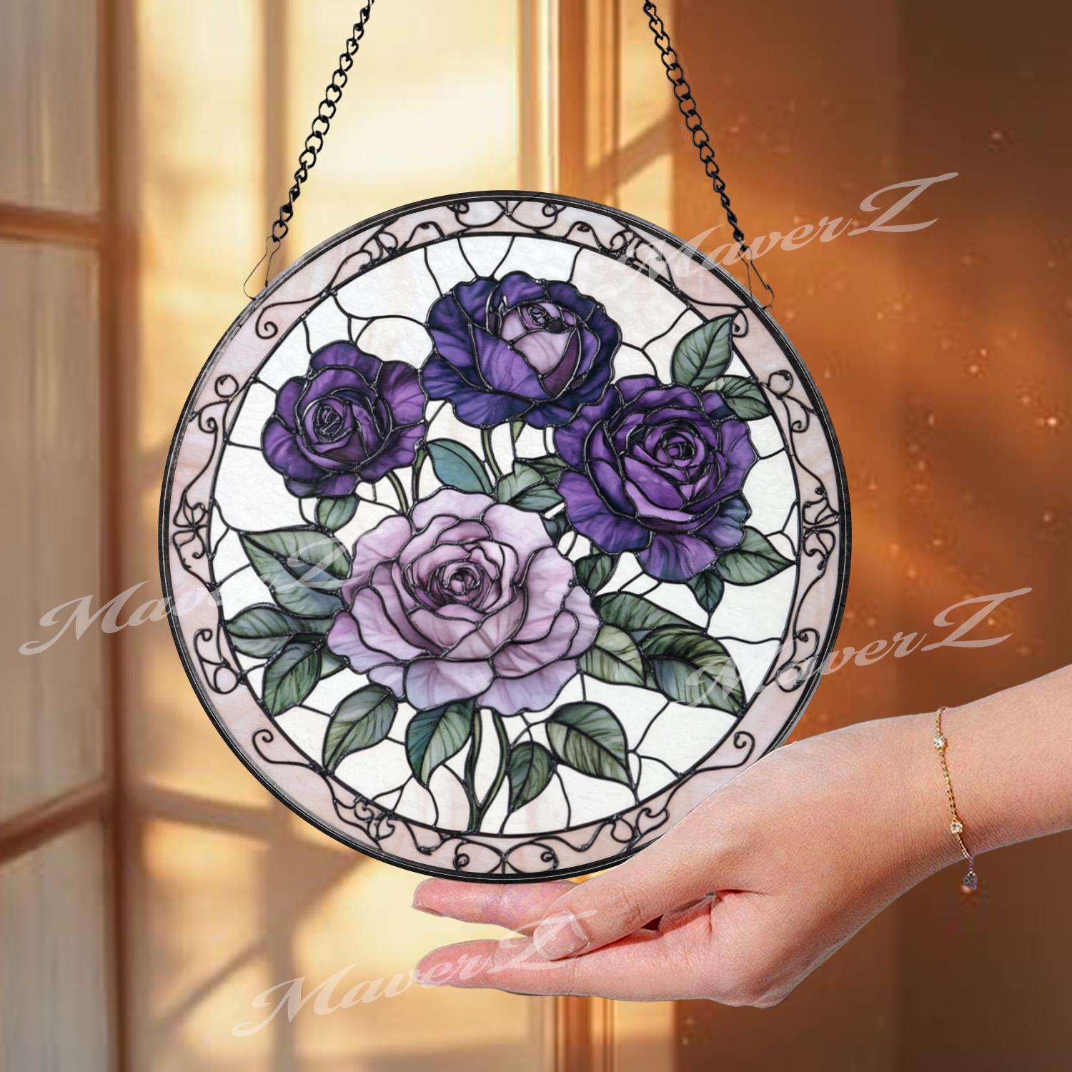 Purple Rose Stained Glass Suncatcher, Romantic Floral Window Panel, Lavender Rose Gift for Garden Lovers & Elegant Home Decor