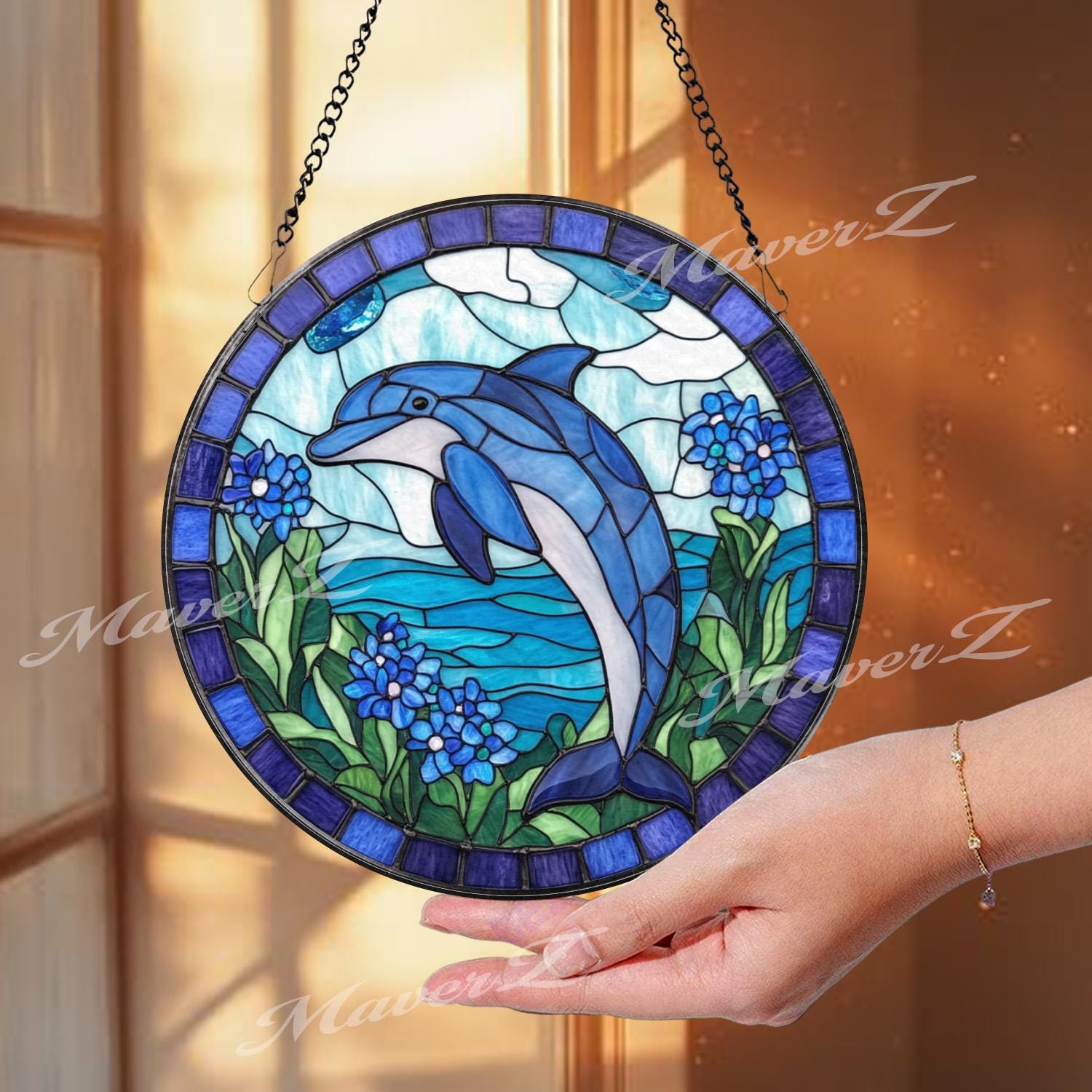 Blue Dolphin Stained Glass Suncatcher, Ocean Sea Life Window Panel, Coastal Beach Decor Gift for Dolphin Lovers and Marine Home Style