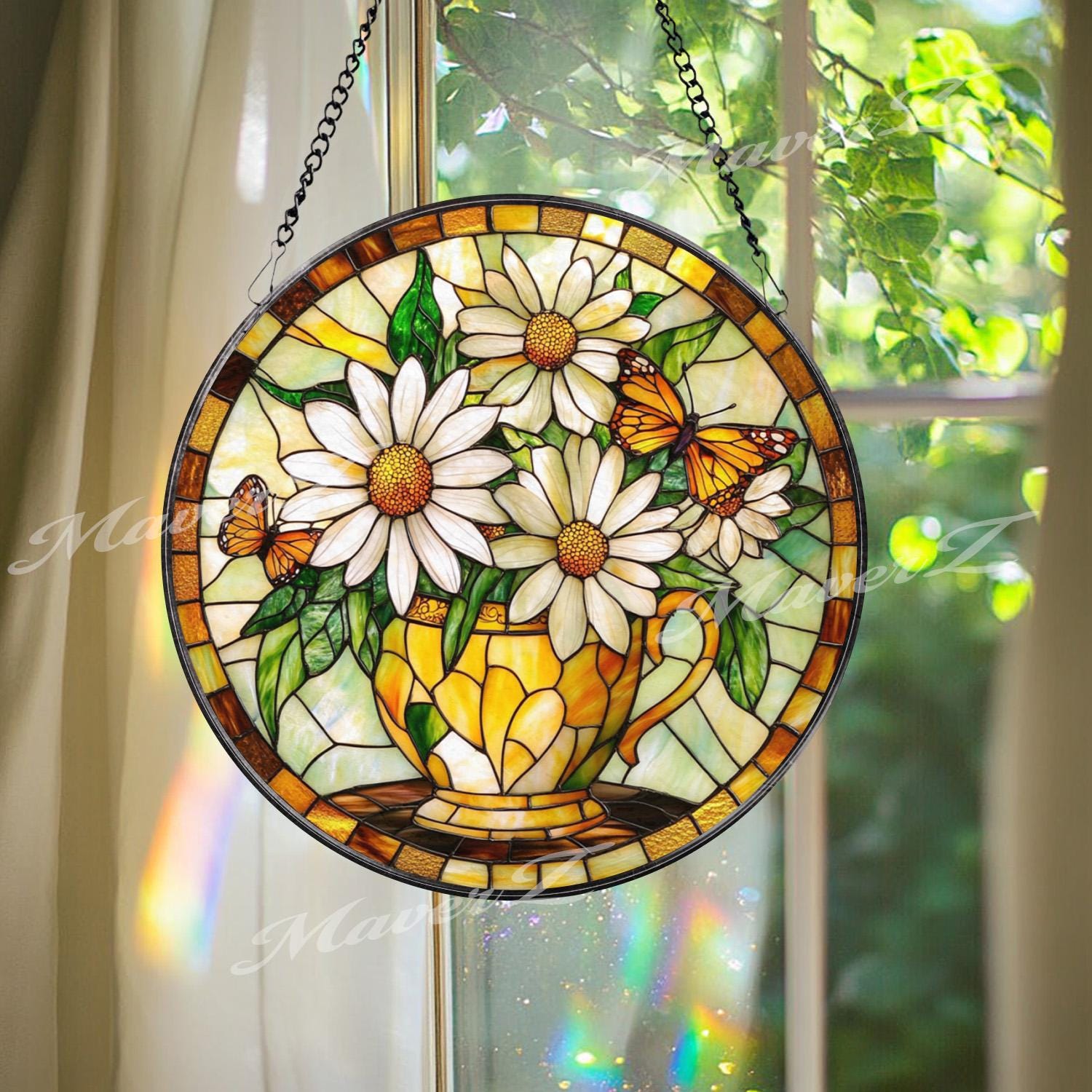Daisy Butterfly Stained Glass Suncatcher, Yellow Floral Teacup Window Panel, Spring Garden Decor Gift for Nature and Flower Lovers