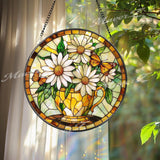 Daisy Butterfly Stained Glass Suncatcher, Yellow Floral Teacup Window Panel, Spring Garden Decor Gift for Nature and Flower Lovers