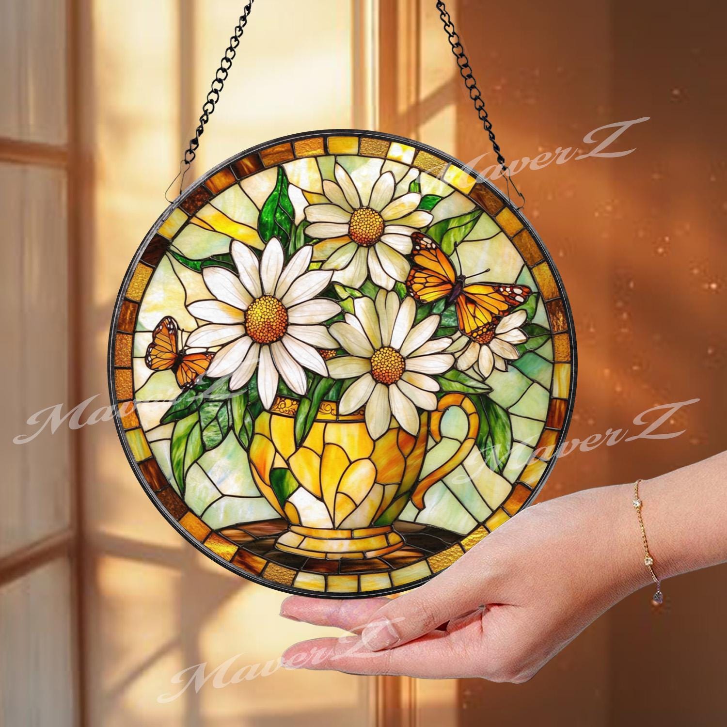 Daisy Butterfly Stained Glass Suncatcher, Yellow Floral Teacup Window Panel, Spring Garden Decor Gift for Nature and Flower Lovers