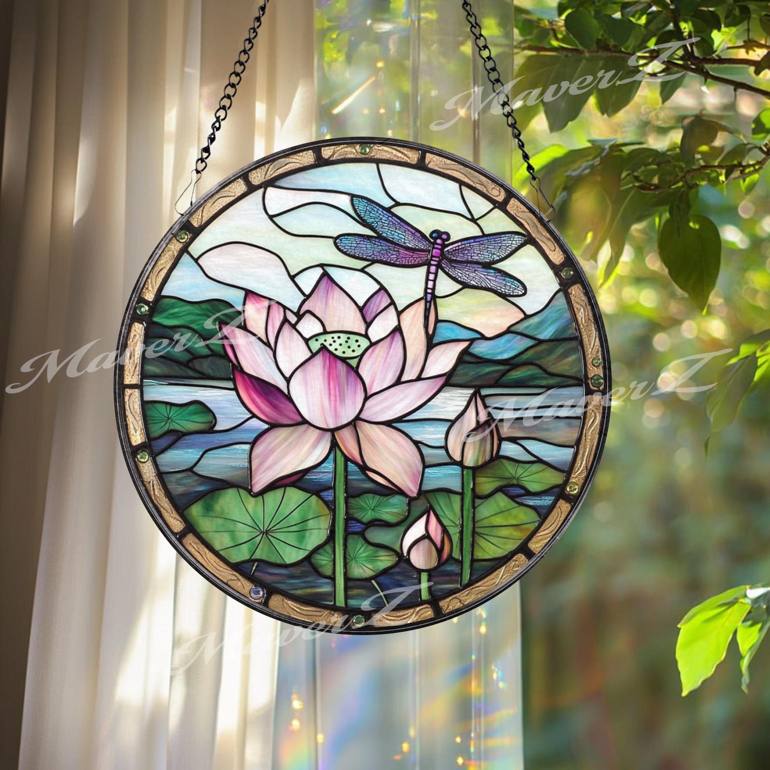 Lotus Flower and Dragonfly Stained Glass Suncatcher, Round Window Panel for Zen Garden Decor, Tranquil Nature Gift