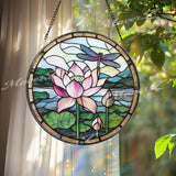 Lotus Flower and Dragonfly Stained Glass Suncatcher, Round Window Panel for Zen Garden Decor, Tranquil Nature Gift