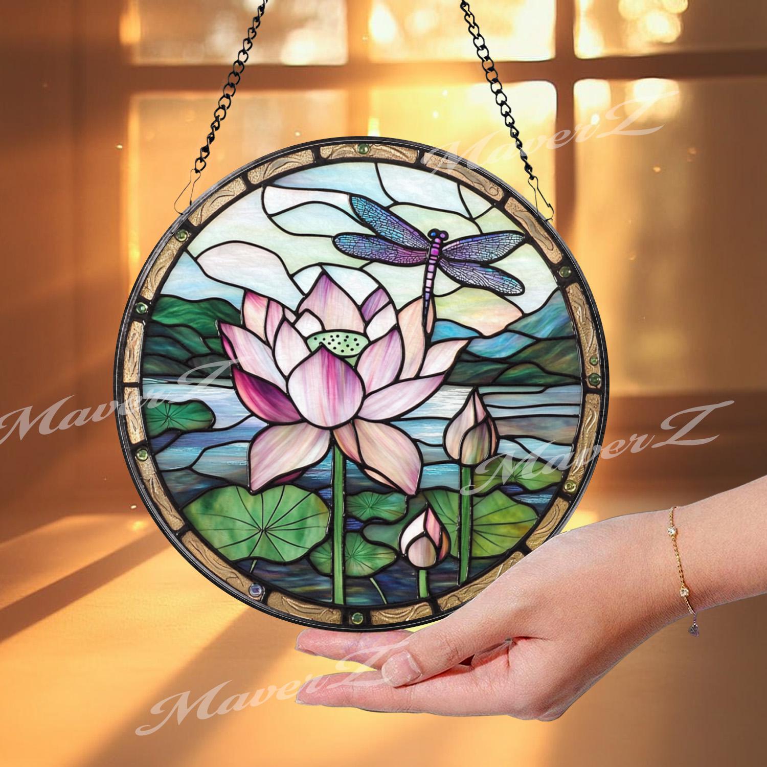 Lotus Flower and Dragonfly Stained Glass Suncatcher, Round Window Panel for Zen Garden Decor, Tranquil Nature Gift
