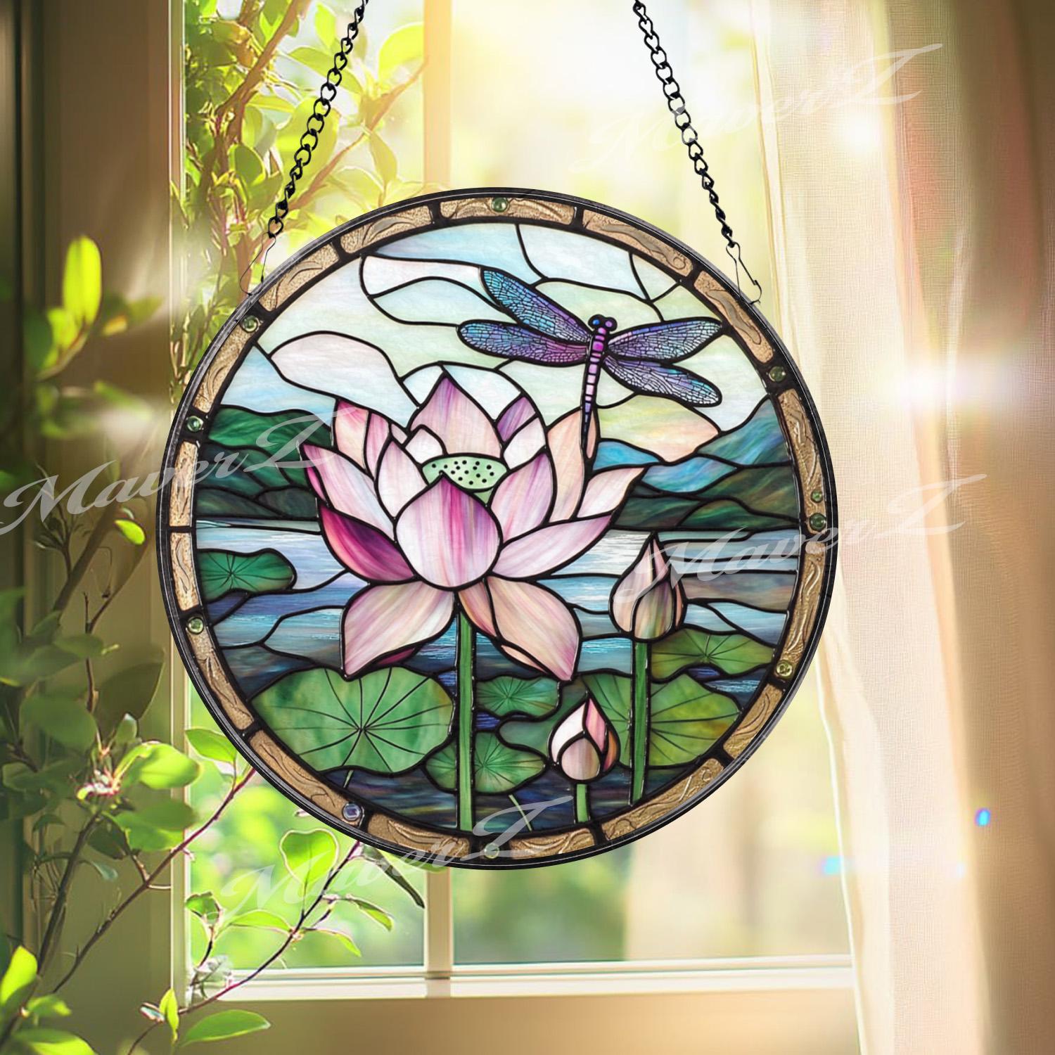Lotus Flower and Dragonfly Stained Glass Suncatcher, Round Window Panel for Zen Garden Decor, Tranquil Nature Gift