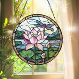 Lotus Flower and Dragonfly Stained Glass Suncatcher, Round Window Panel for Zen Garden Decor, Tranquil Nature Gift