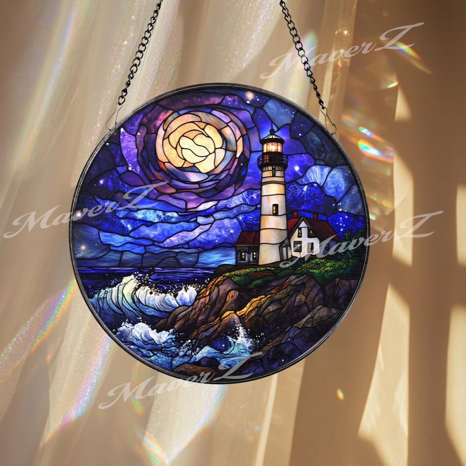 Lighthouse Ocean Sunset Stained Glass Suncatcher, Coastal Nautical Window Panel, Round Glass Lighthouse Decor, Seaside Beach House Gift