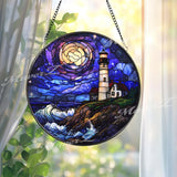 Lighthouse Ocean Sunset Stained Glass Suncatcher, Coastal Nautical Window Panel, Round Glass Lighthouse Decor, Seaside Beach House Gift