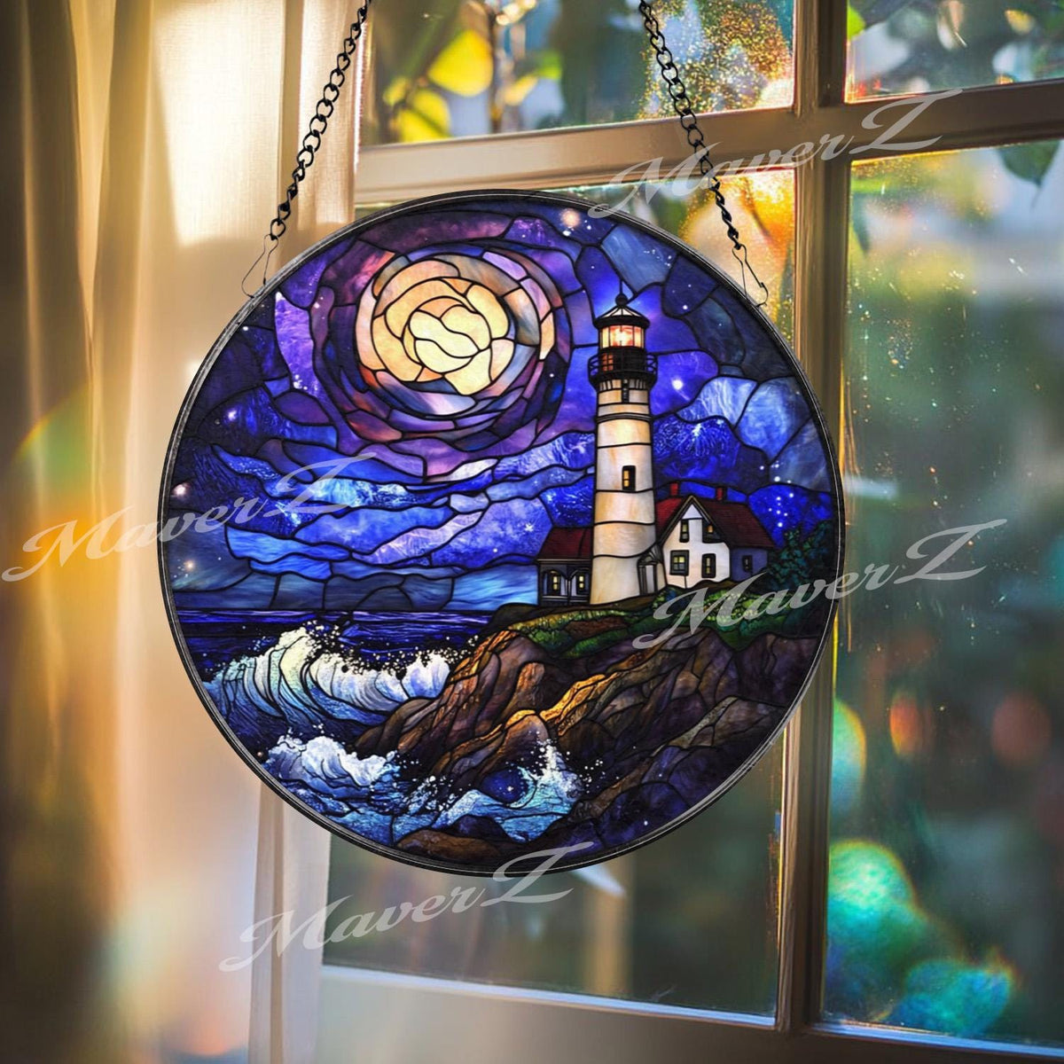 Lighthouse Ocean Sunset Stained Glass Suncatcher, Coastal Nautical Window Panel, Round Glass Lighthouse Decor, Seaside Beach House Gift