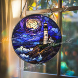 Lighthouse Ocean Sunset Stained Glass Suncatcher, Coastal Nautical Window Panel, Round Glass Lighthouse Decor, Seaside Beach House Gift