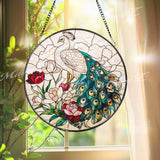 Peacock Stained Glass Suncatcher, Elegant Window Hanging Panel with Flowers, Bird Lover Gift, Colorful Garden Window Decor