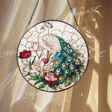 Peacock Stained Glass Suncatcher, Elegant Window Hanging Panel with Flowers, Bird Lover Gift, Colorful Garden Window Decor