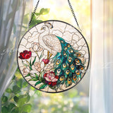 Peacock Stained Glass Suncatcher, Elegant Window Hanging Panel with Flowers, Bird Lover Gift, Colorful Garden Window Decor