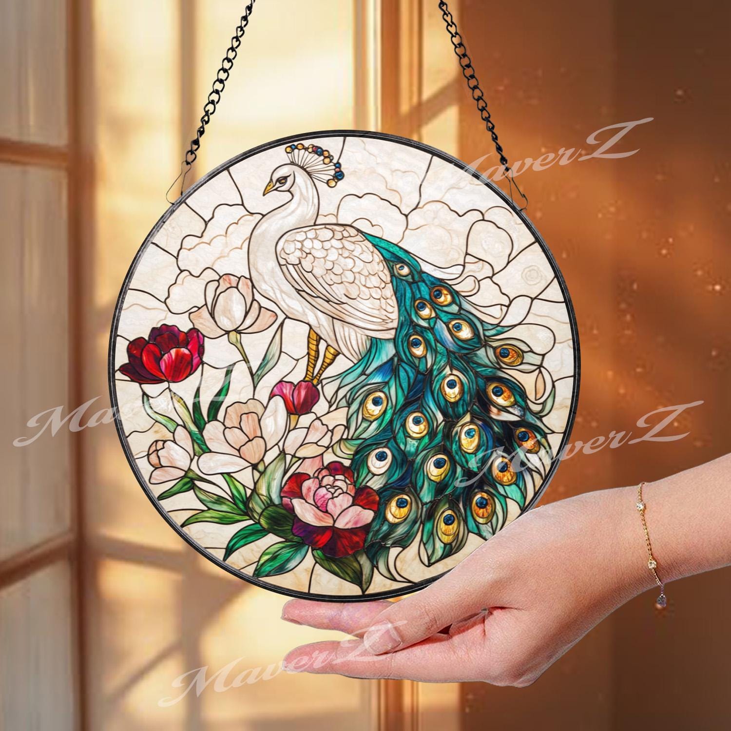 Peacock Stained Glass Suncatcher, Elegant Window Hanging Panel with Flowers, Bird Lover Gift, Colorful Garden Window Decor