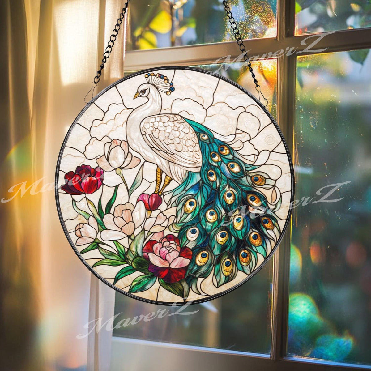 Peacock Stained Glass Suncatcher, Elegant Window Hanging Panel with Flowers, Bird Lover Gift, Colorful Garden Window Decor