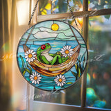 Frog Hammock Stained Glass Suncatcher, Relaxed Frog Window Hanging, Funny Garden Decor, Frog Lover Gift, Whimsical Window Art