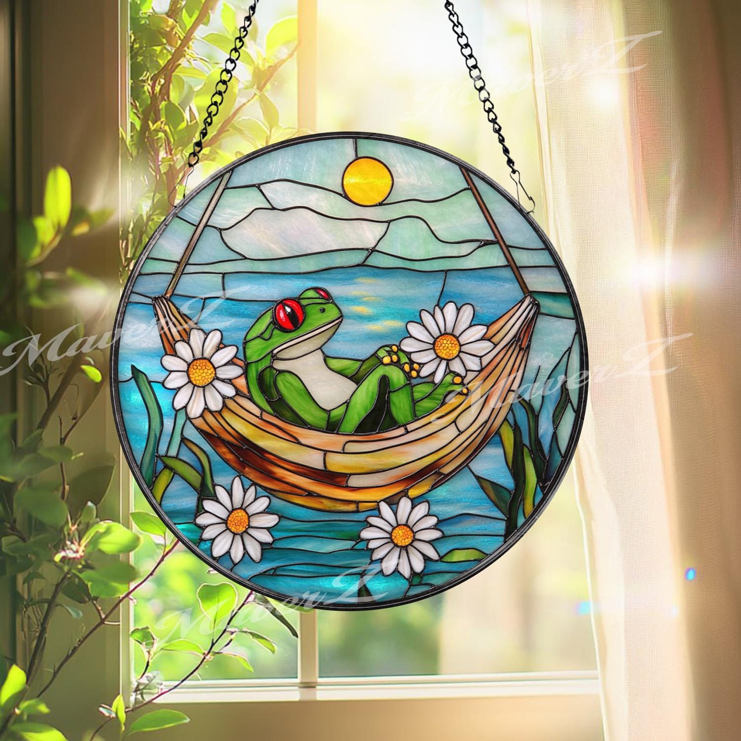 Frog Hammock Stained Glass Suncatcher, Relaxed Frog Window Hanging, Funny Garden Decor, Frog Lover Gift, Whimsical Window Art