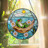 Frog Hammock Stained Glass Suncatcher, Relaxed Frog Window Hanging, Funny Garden Decor, Frog Lover Gift, Whimsical Window Art