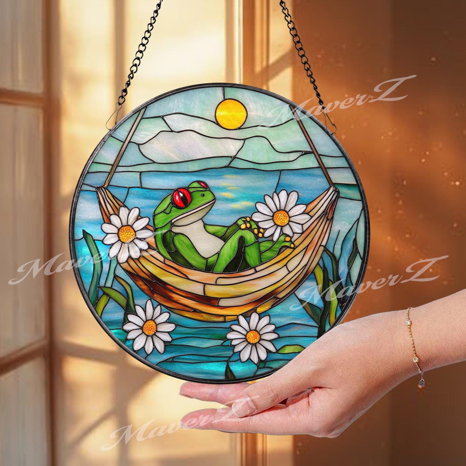 Frog Hammock Stained Glass Suncatcher, Relaxed Frog Window Hanging, Funny Garden Decor, Frog Lover Gift, Whimsical Window Art