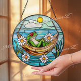 Frog Hammock Stained Glass Suncatcher, Relaxed Frog Window Hanging, Funny Garden Decor, Frog Lover Gift, Whimsical Window Art