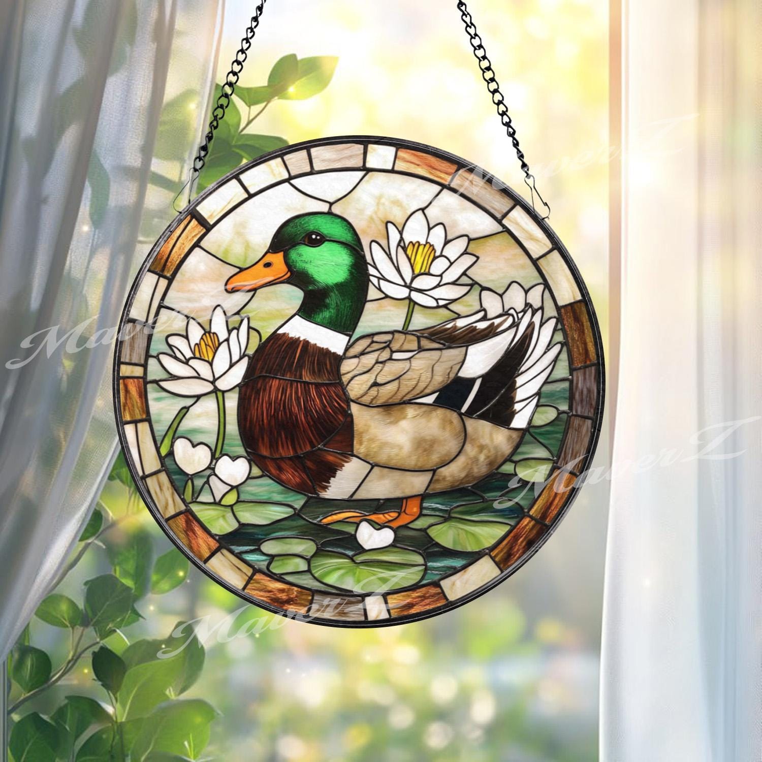 Mallard Duck Stained Glass Suncatcher, Duck Window Panel with Lotus Flowers, Wildlife Bird Decor, Lake House Gift, Nature Window Art