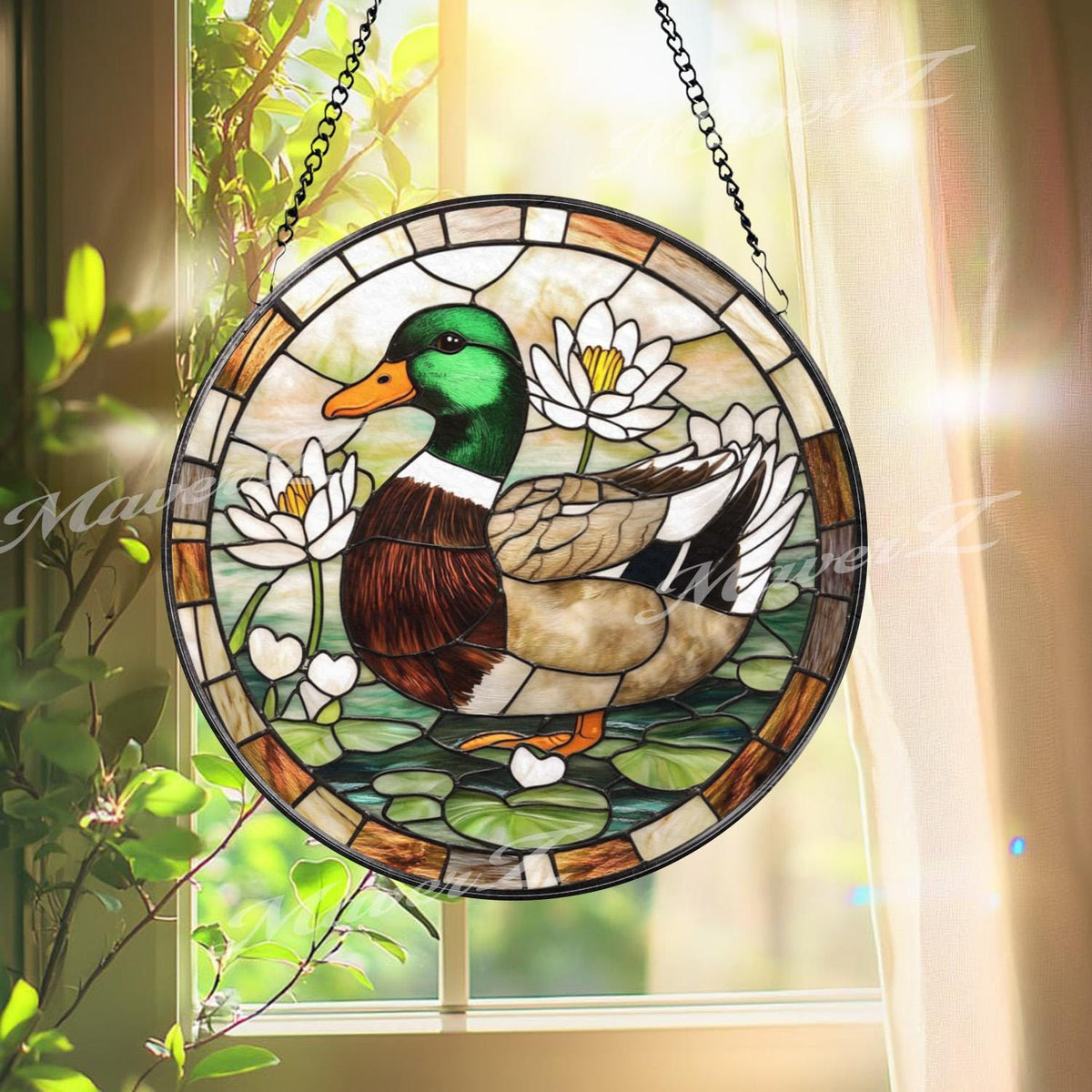 Mallard Duck Stained Glass Suncatcher, Duck Window Panel with Lotus Flowers, Wildlife Bird Decor, Lake House Gift, Nature Window Art